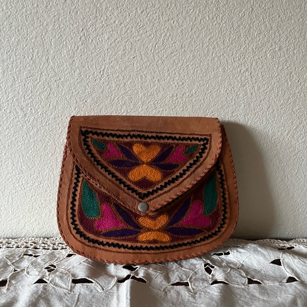 Tan Leather Crossbody Bag with Vibrant Embroidery handmade